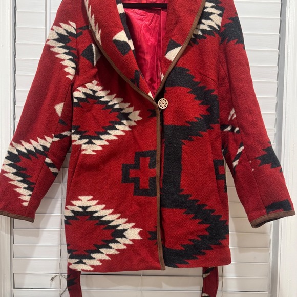 Black Mountain Southwestern Aztec Wrap Coat Womens Large Red Navajo Pattern - Picture 4 of 9